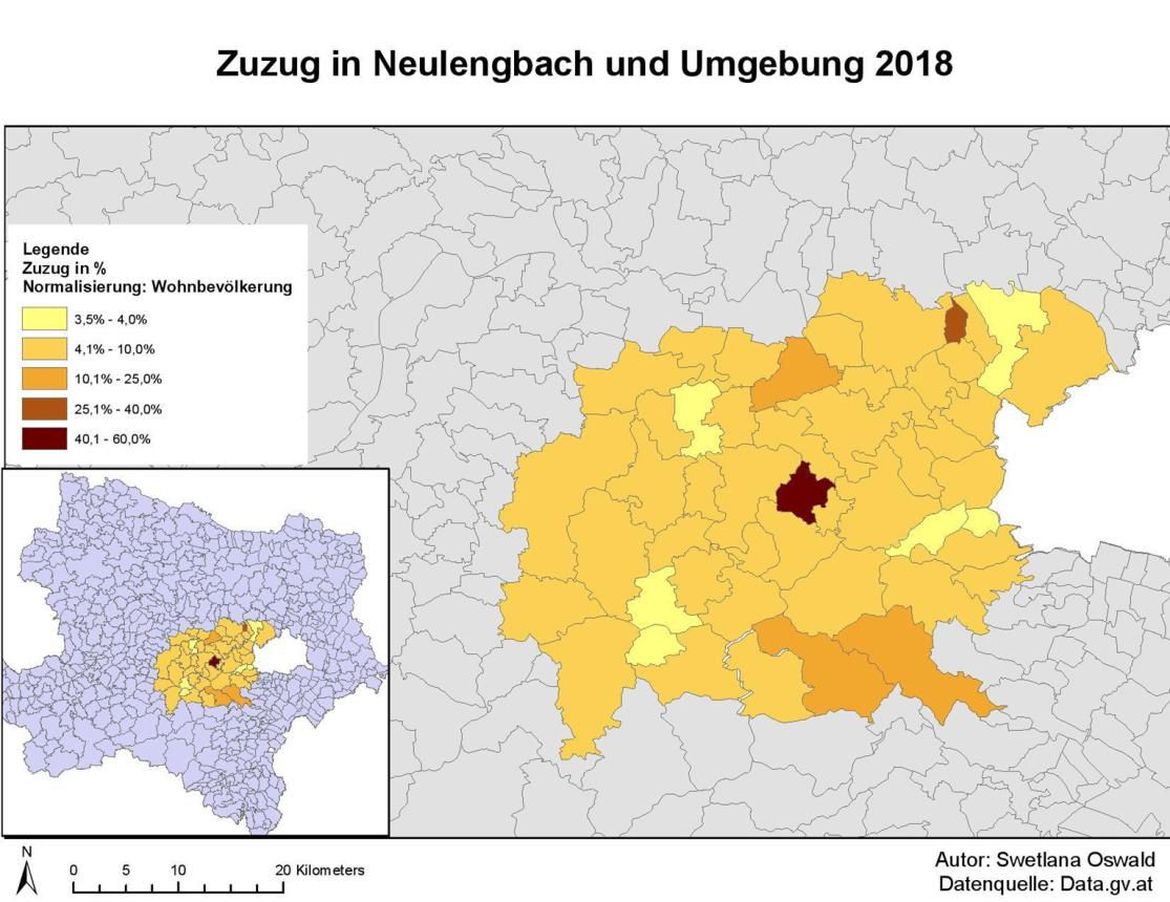 Abbildung 1 Zuzug in Neulengbach und Umgebung 2018 (Eigene Darstellung; Datengrundlage: Data.gv.at 2020a und Data.gv.at 2020b)