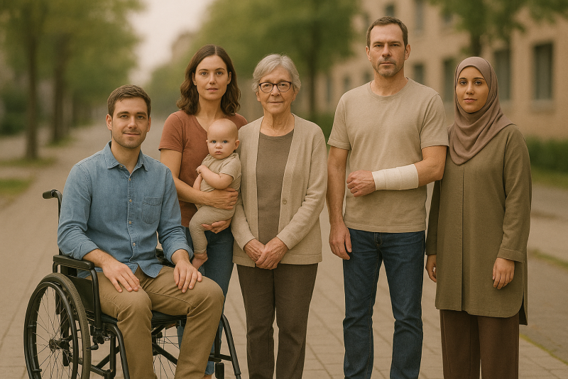 Eine Gruppe Personen, die verschiedene Alltagsbarrieren symbolisieren